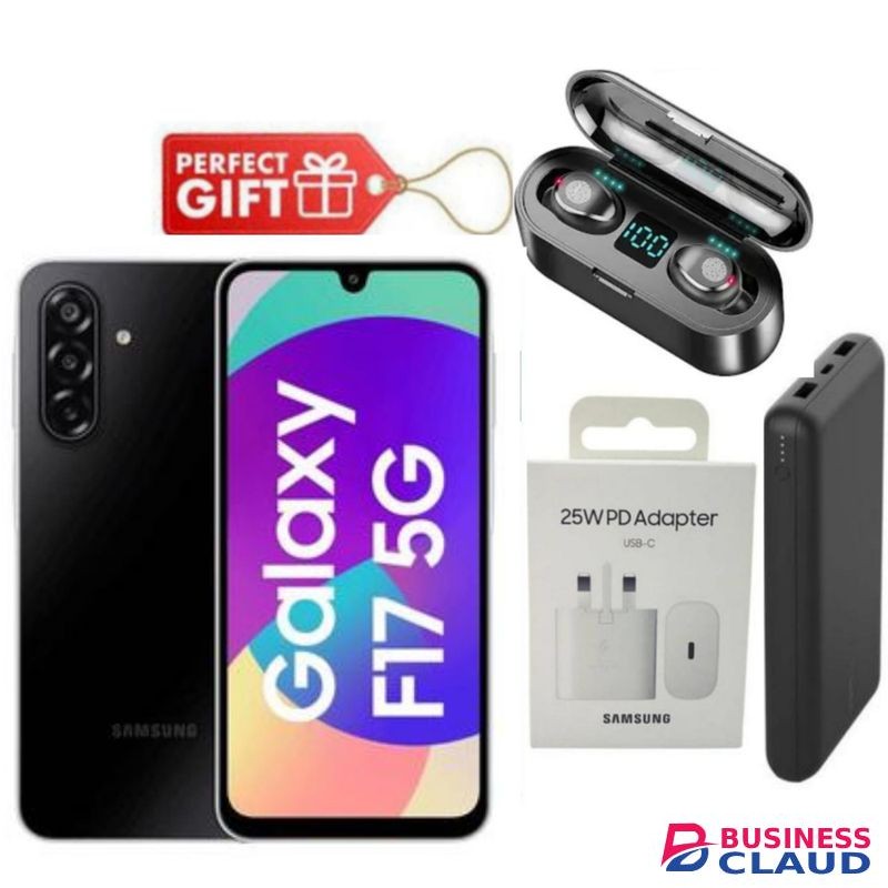 Samsung Galaxy F17 5G, 6.7", 128GB ROM + 4GB RAM (Dual SIM), 5000mAh, Black + Charging Adapter , Power Bank & F9 Earbuds