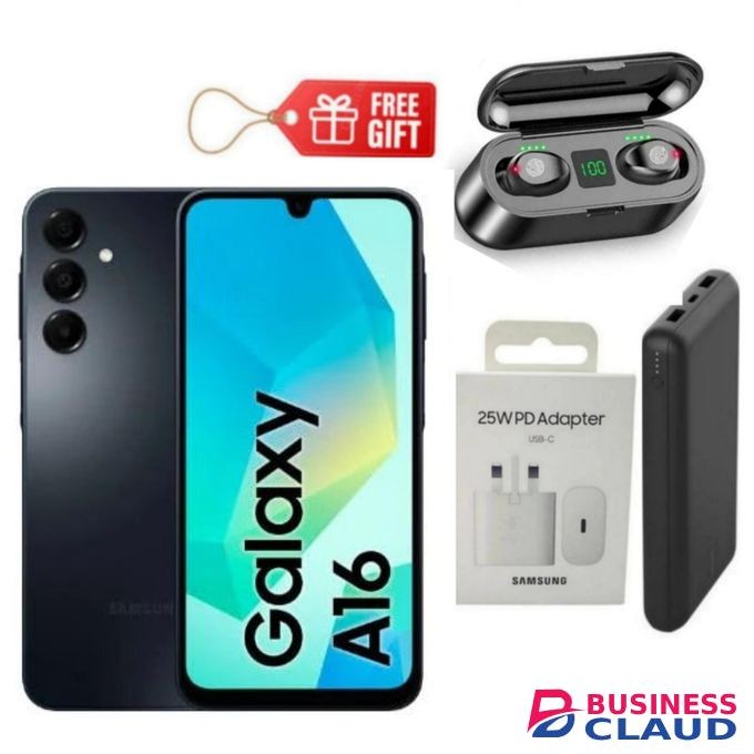 Samsung Galaxy A16, 6.7", 4GB RAM + 128GB (Dual SIM), 5000mAh, Black (2YRs WRTY) + Charging Adapter , F9 Earbuds & Power Bank