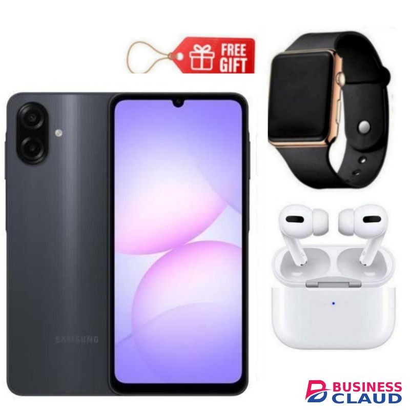 Samsung Galaxy A07, 6.7" Display, 4GB RAM + 64GB RM (Dual SIM), 5000mAh, Black + Led Watch & Airpods