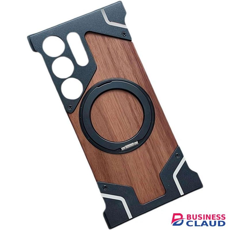 Samsung Magnetic Wood-Armor Case (Natural Walnut & Aluminum) with Hidden 360° Ring Stand, Shockproof Protective Wooden Cover for Galaxy S23 Ultra – Black Edition