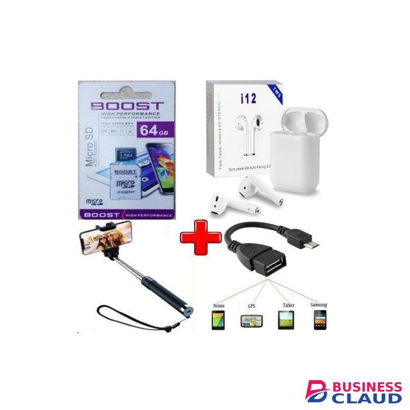 Boost Infinix Hot 30i Accessories - 64GB Memory Card - I 12 + OTG + Selfie Stick