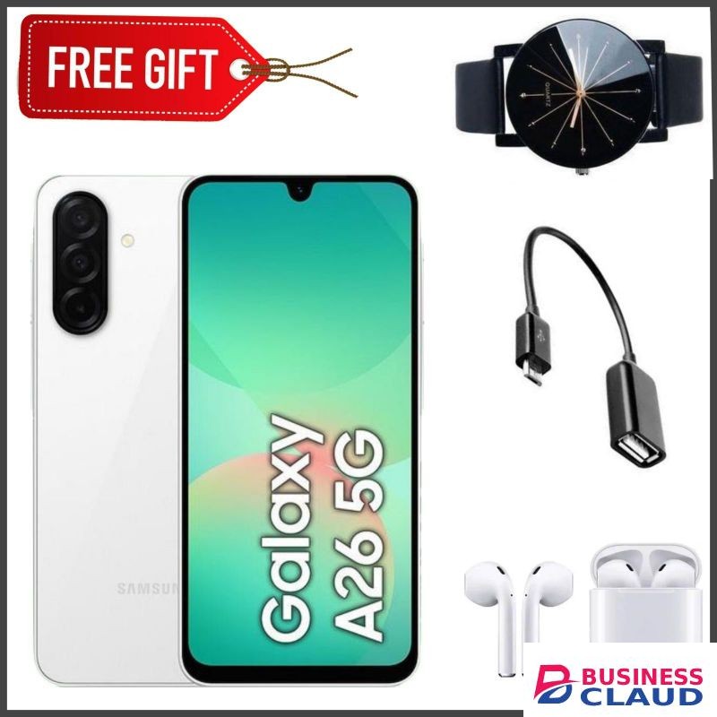 Samsung Galaxy A26 5G, 6.7'' 8GB RAM + 128GB ROM, 50MP, Dual Sim -White+Earpods+Web Watch+Otg