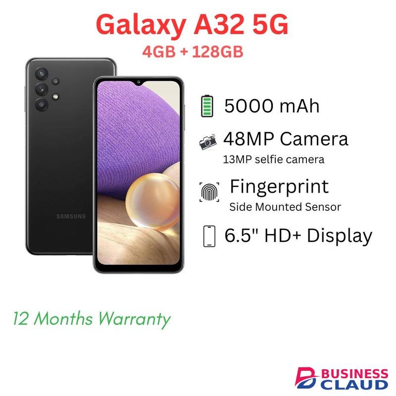 Samsung A32 5G, 6.5" screen, 4GB + 128GB, 48MP + 13 MP Camera, 5000 mAh battery, Duo Sim, Black