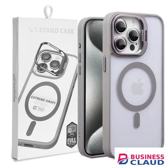 Premium Magnetic Case with Camera Lens Protection, Kickstand, and MagSafe Compatibility – Clear Acrylic & TPU Hybrid Cover for iPhone 16 Pro Max – Stylish Elegant Grey Edition