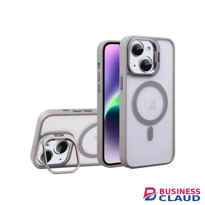 Premium Magnetic Case with Camera Lens Protection, Kickstand, and MagSafe Compatibility – Clear Acrylic & TPU Hybrid Cover for iPhone 15 Pro Max – Stylish Elegant Grey Edition