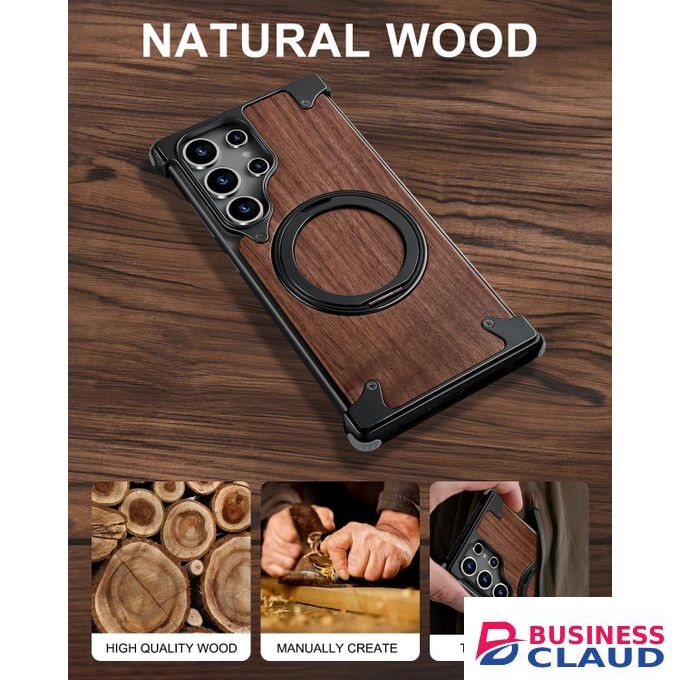 Magnetic Wood-Armor Case (Natural Walnut & Aluminum) with Hidden 360° Ring Stand, Shockproof Protective Wooden Cover for Samsung S23 Ultra – Natural Black Edition