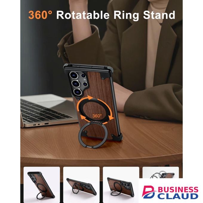 Magnetic Wood-Armor Case (Natural Walnut & Aluminum) with Hidden 360° Ring Stand, Shockproof Protective Wooden Cover for Samsung S24 Ultra – Natural Black Edition
