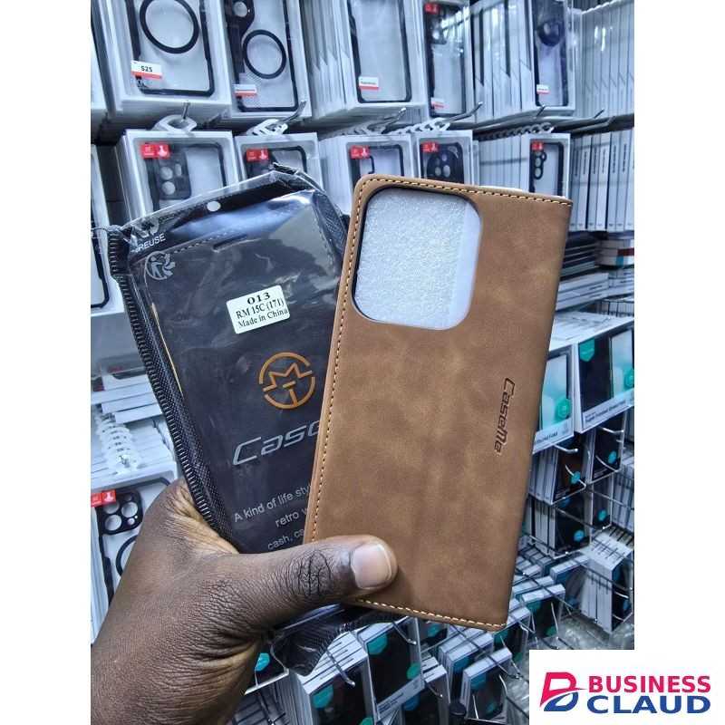 Brown Luxury Edition Retro Leather Wallet Case for Redmi 15C – Stylish PU Leather, Card Slots, Zipper Storage & Magnetic Flap