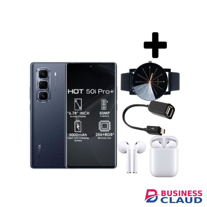 Infinix Hot 50 Pro Plus' 6.78 inches"(8+8)16GB RAM+256GB ROM' 5,000 mAh"BLACK+Earphones+Otg+Web Watch