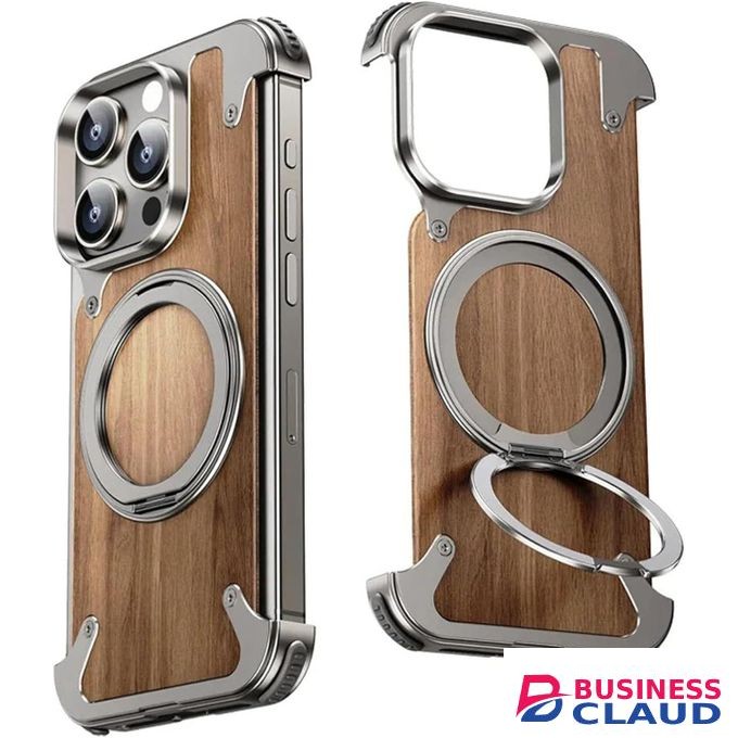 Magnetic Wood-Armor Case (Natural Walnut & Aluminum) with Hidden 360° Ring Stand, Shockproof Protective Wooden Cover for iPhone 13 Pro Max – Titanium Finish Edition