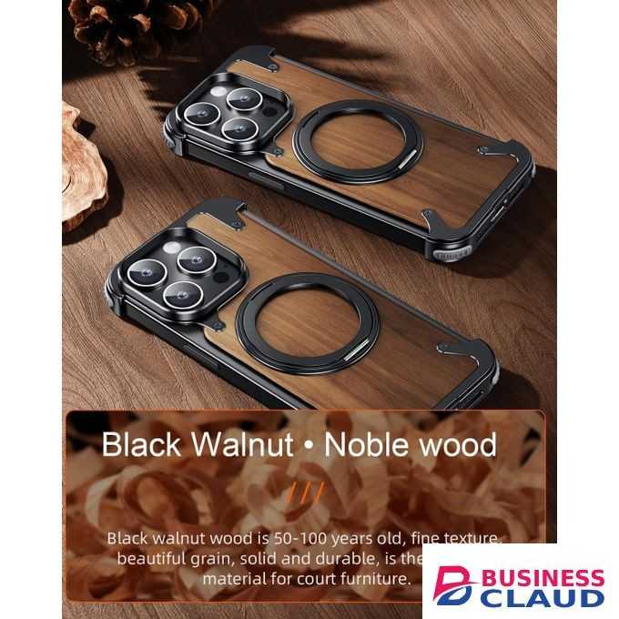 Magnetic Wood-Armor Case (Natural Walnut & Aluminum) with Hidden 360° Ring Stand, Shockproof Protective Wooden Cover for iPhone 14 Pro Max – Natural Black Edition