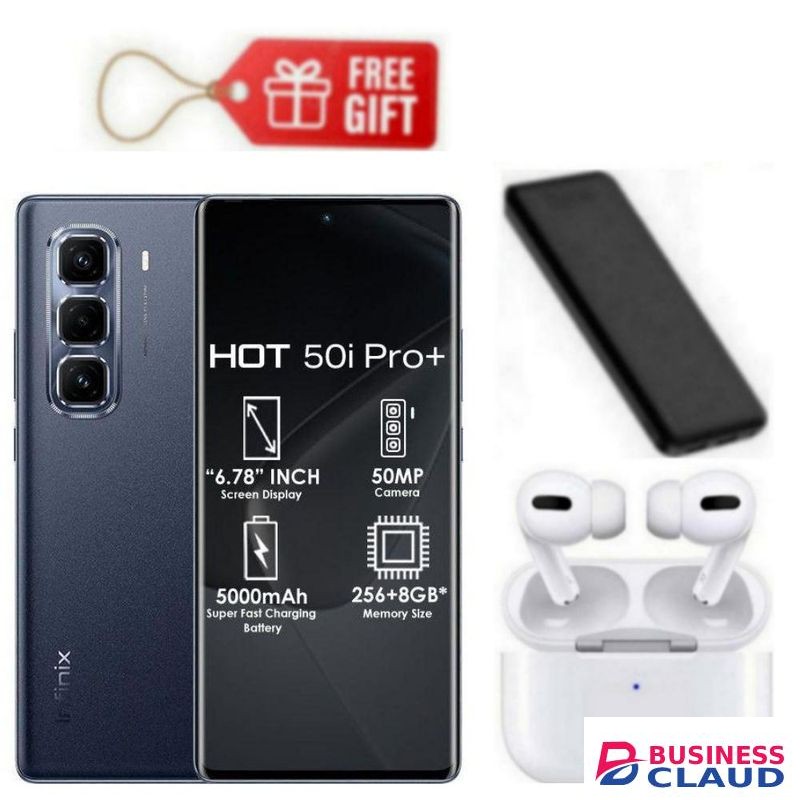 Infinix Hot 50 Pro Plus, AMOLED Curved Screen Display 6.78'', (8GB+ 8GB)RAM+128GB ROM ,5000 MAh-Dual SIM 4G, 50MP , Black+ Air Pods & Power Bank