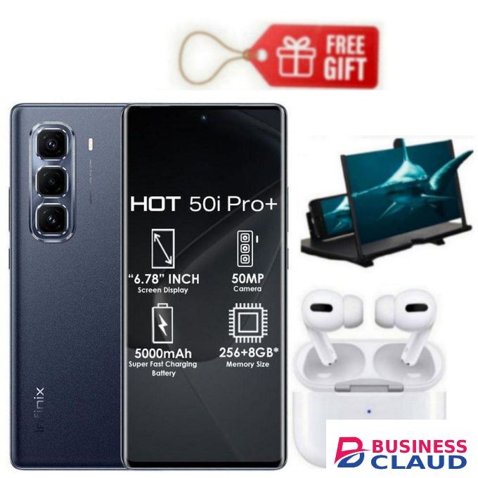 Infinix Hot 50 Pro Plus, AMOLED Curved Screen Display 6.78'', (8GB+ 8GB)RAM+128GB ROM ,5000 MAh-Dual SIM 4G, 50MP , Black+ Air Pods & Magnifier