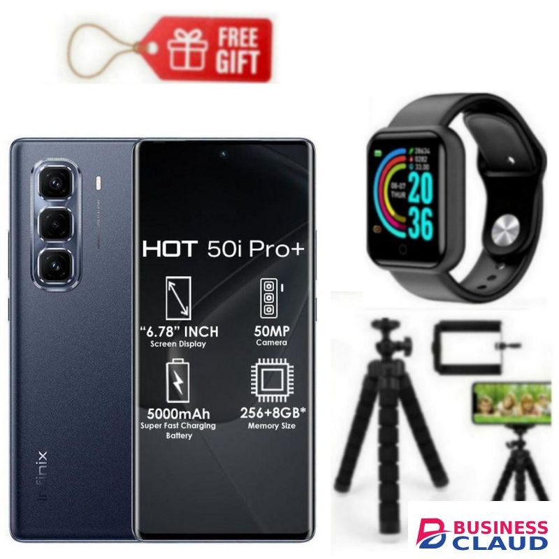 Infinix Hot 50 Pro Plus, AMOLED Curved Screen Display 6.78'', (8GB+ 8GB)RAM+128GB ROM ,5000 mAh-Dual SIM 4G, 50MP , Black+ Smart Watch & Tripod stand