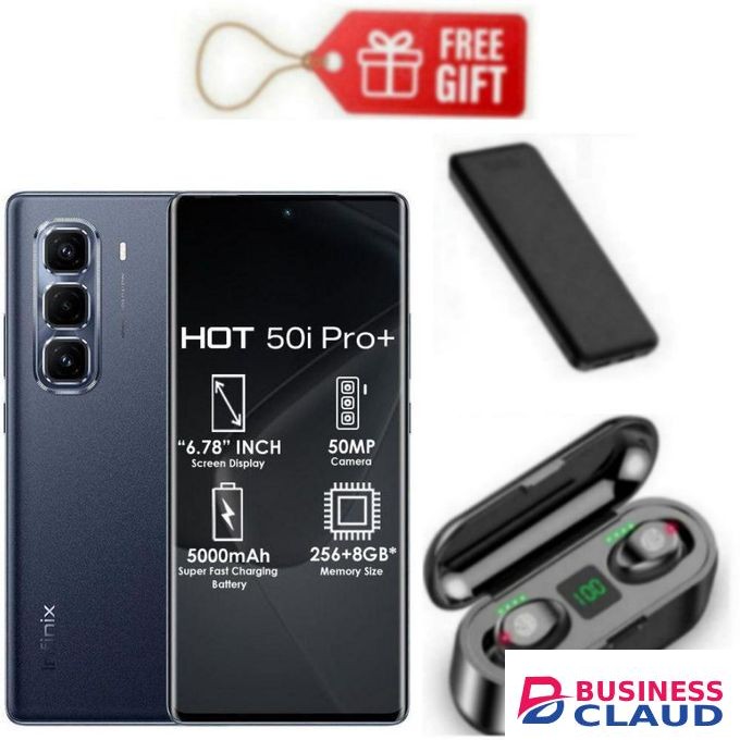 Infinix Hot 50 Pro Plus, AMOLED Curved Screen Display 6.78'', (8GB+ 8GB)RAM+128GB ROM ,5000 MAh-Dual SIM 4G, 50MP , Black+ F9 Earbuds & Power Bank