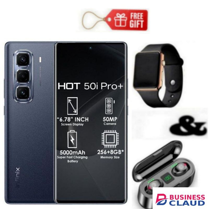 Infinix Hot 50 Pro Plus, AMOLED Curved Screen Display 6.78'', (8GB+ 8GB)RAM+128GB ROM ,5000 mAh-Dual SIM 4G, 50MP , Black+ Watch & F9 Earbuds