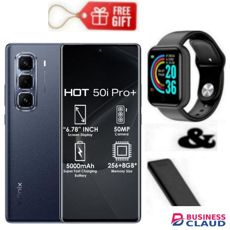 Infinix Hot 50 Pro Plus, AMOLED Curved Screen Display 6.78'', (8GB+ 8GB)RAM+128GB ROM ,5000 MAh-Dual SIM 4G, 50MP , Black+ Power Bank & Smart Watch