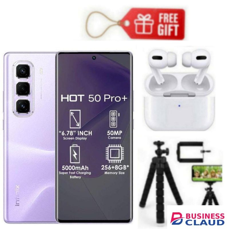 Infinix Hot 50 Pro Plus, AMOLED Curved Screen Display 6.78'', (8GB+ 8GB)RAM+128GB ROM ,5000 mAh-Dual SIM 4G, 50MP , Purple+ Tripod stand & Air pods