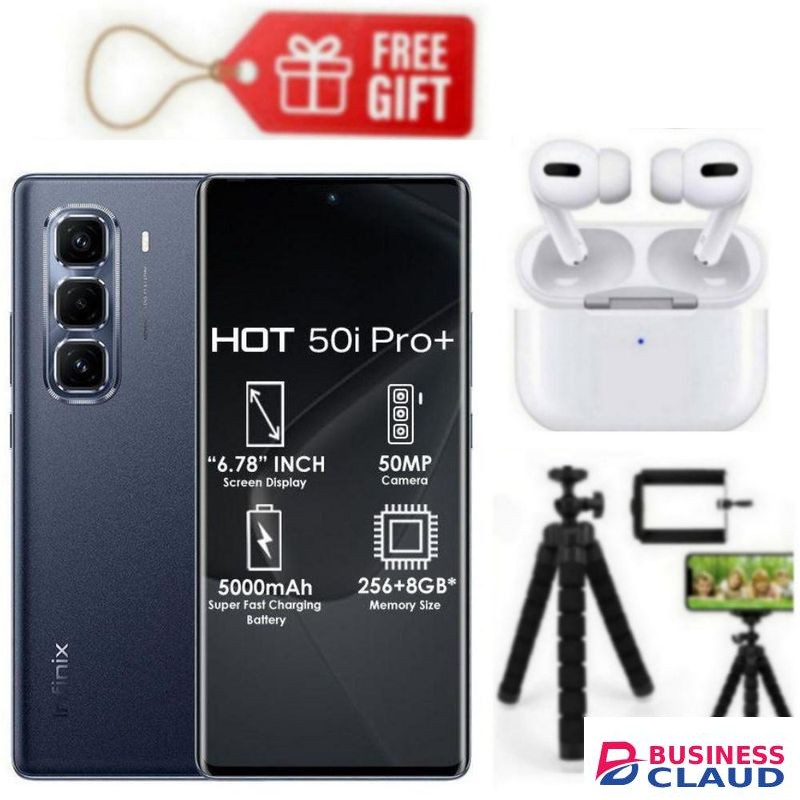 Infinix Hot 50 Pro Plus, AMOLED Curved Screen Display 6.78'', (8GB+ 8GB)RAM+128GB ROM ,5000 mAh-Dual SIM 4G, 50MP , Black+ Tripod stand & Airpods