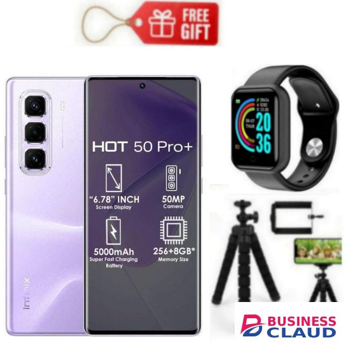 Infinix Hot 50 Pro Plus, AMOLED Curved Screen Display 6.78'', (8GB+ 8GB)RAM+128GB ROM ,5000 MAh-Dual SIM 4G, 50MP , Purple+ Tripod Stand & Smart Watch