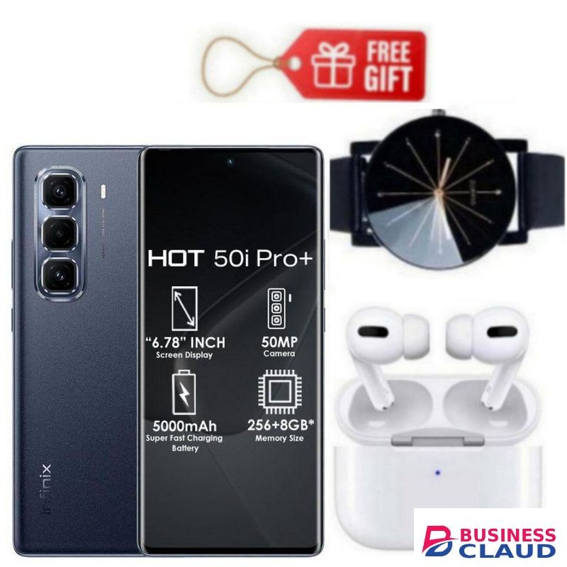 Infinix Hot 50 Pro Plus, AMOLED Curved Screen Display 6.78'', (8GB+ 8GB)RAM+128GB ROM ,5000 mAh-Dual SIM 4G, 50MP , Black+ Air pods & Watch