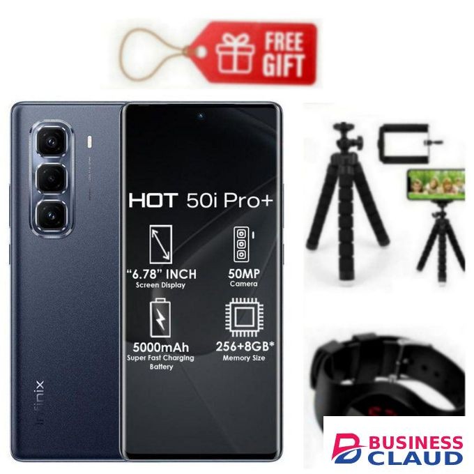 Infinix Hot 50 Pro Plus, AMOLED Curved Screen Display 6.78'', (8GB+ 8GB)RAM+128GB ROM ,5000 mAh-Dual SIM 4G, 50MP , Black+ Watch & Tripod stand