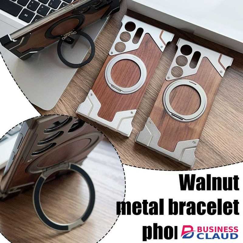 Magnetic Wood-Armor Case (Natural Walnut & Aluminum) with Hidden 360° Ring Stand, Shockproof Protective Wooden Cover for Samsung S24 Ultra – Titanium Finish Edition