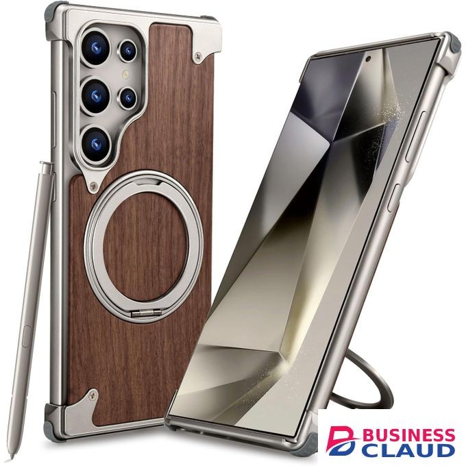 Magnetic Wood-Armor Case (Natural Walnut & Aluminum) with Hidden 360° Ring Stand, Shockproof Protective Wooden Cover for Samsung S26 Ultra – Brushed Silver Edition