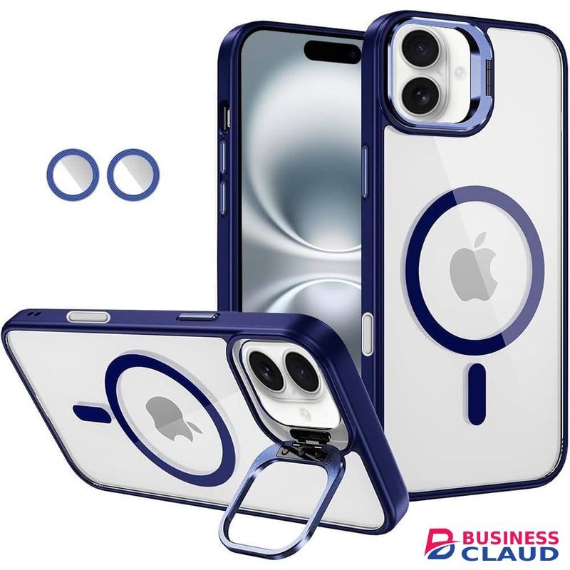 Premium Magnetic Case with Camera Lens Protection, Kickstand, and MagSafe Compatibility – Clear Acrylic & TPU Hybrid Cover for iPhone 16 Pro Max – Stylish Deep Metallic Blue Edition