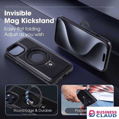 Premium Magnetic Leather iPhone Ip15 Back Cover with Stand – Elegant, Shockproof & MagSafe Compatible