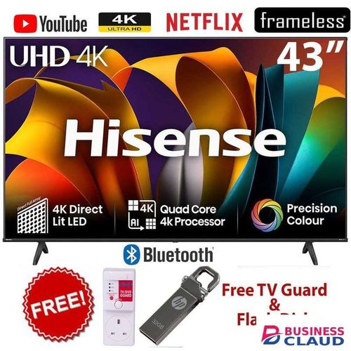 Hisense 43" Inch UHD Smart TV (A6N) – Frameless LED, Built-in Netflix & YouTube, HDR10, Dolby Audio, Bluetooth, HDMI, USB, VIDAA OS+FREE TV GUARD+32GB FLASH DISK