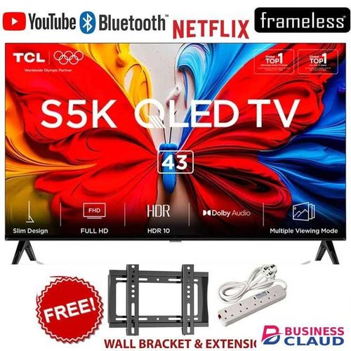 TCL 43" Inch QLED Smart Google TV, Model 43S5K 2025 Edition, Full HD, WiFi + Bluetooth, HDMI, USB, Netflix, YouTube, Dolby Audio+FREE BRACKET+EXTENSION