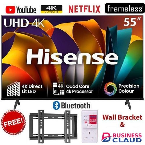Hisense 55A6N 55" Bluetooth Frameless Ultra HD 4K Smart TV Dolby Audio, HDR,VIDAA OS, Game Mode+Bracket+TV Guard