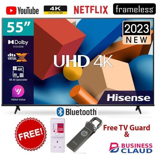Hisense SMART 55" Inch,FRAMELESS/BLUETOOTH, ULTRA HD 4K HDR,NETFLIX+POWER GUARD+32GB FLASH DISK