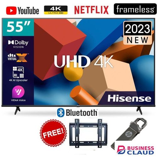 Hisense 55" Inch,FRAMELESS/BLUETOOTH, ULTRA HD 4K HDR,NETFLIX/YOUTUBE+WALL BRACKET+32GB FLASH DISK