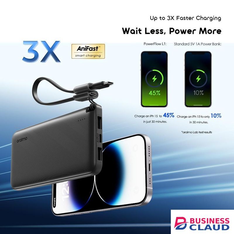 Oraimo PowerFlow L1 Power Bank 10000mAh 15W Type-C Charging Built-In Cable - Black