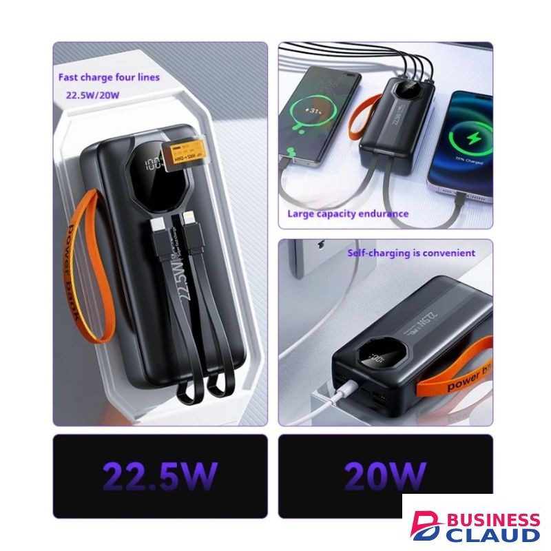 Fast Charging Powerbank 30000mAh Large Capacity 22.5W Power Bank With Inbuilt Charging Cables For Iphone And Type C, Universal Charging Ports & Type C Port