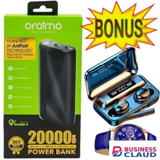 Oraimo Original 20000mAh Power Bank for Smartphones, Free Cables + BONUS BLUETOOTH WIRELESS EARBUDS & Wrist Watch
