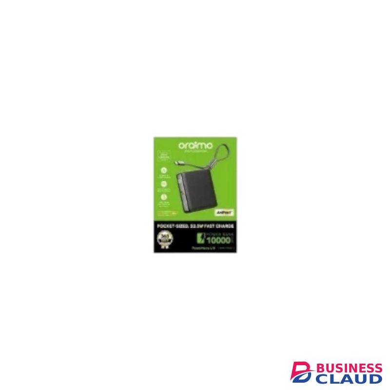 Oraimo Mini Powerbank, OPB-7103C PowerNova L11, 10000 mAH, Pocket Size 22.5W, Fast Charging, Dual Port, Type C Built In Cable Strap - Black
