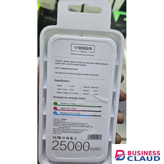 VEGER Ultra Slim V11W 25000mAh Power Bank – Quick Charging USB Output