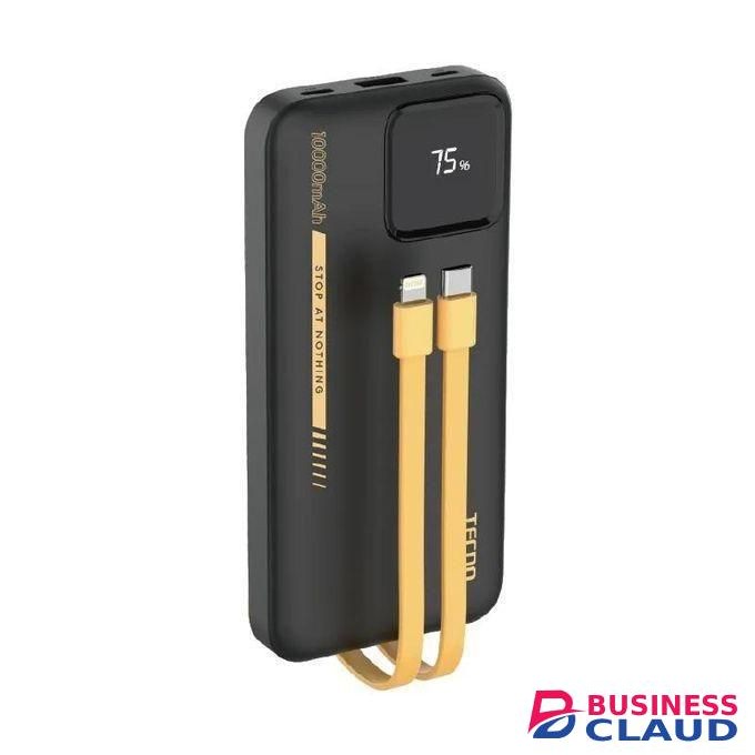 Tecno 10000mAh LED Display 22.5w Fast Charging Power Bank 2 Build-In Cables-Black