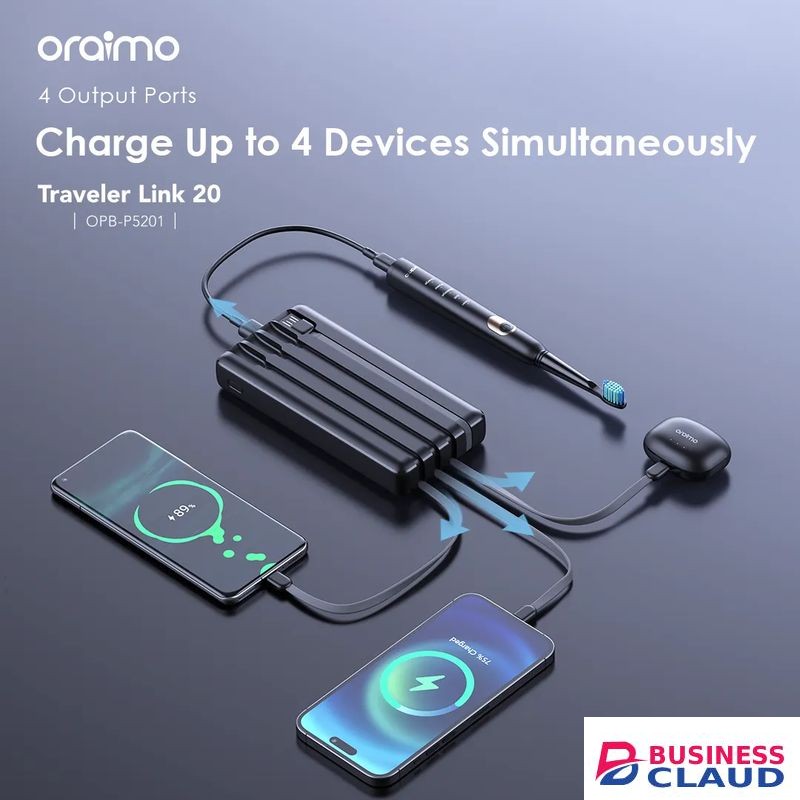 Oraimo POWERBANK 20000MAH//4 BUILT IN CHARGING AND RECHARGING CABLES//12W//