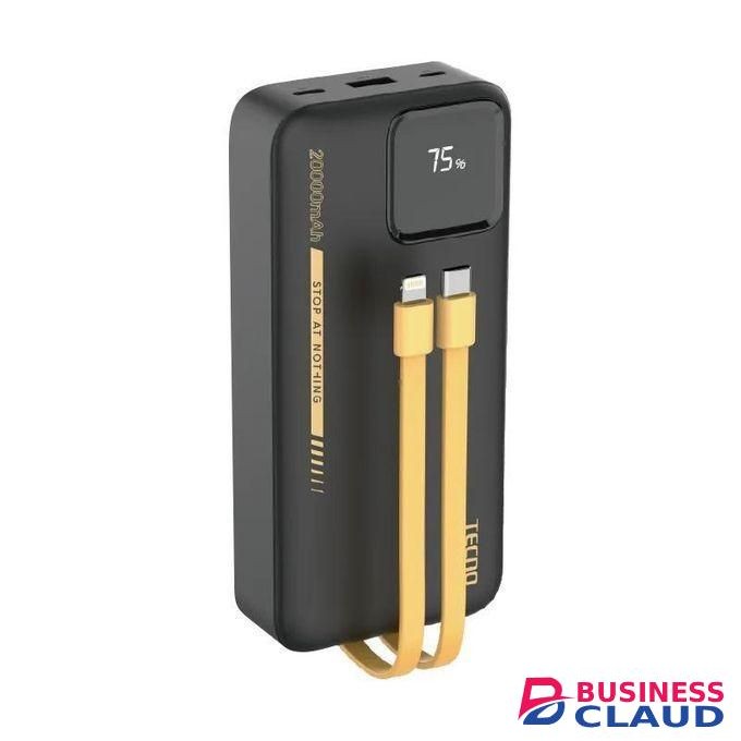 Tecno 20000mAh LED Display 22.5w Fast Charging Power Bank 2 Build-In Cables-Black