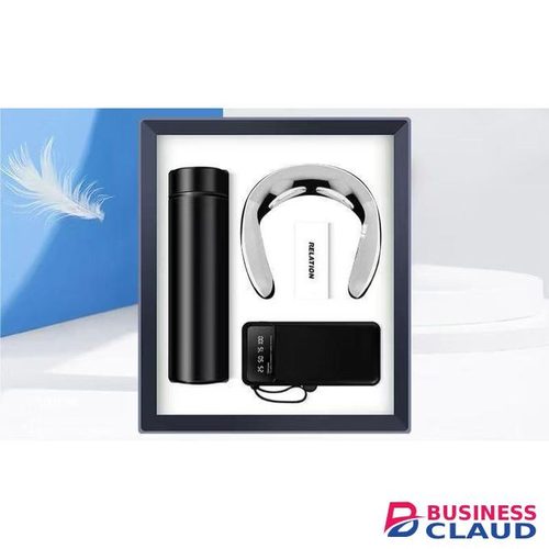 3 in 1 Business Gift Set – 10000mAh Power Bank + Vacuum Flask with Digital Lid + Neck Massager – Black Edition – Ideal Corporate, Valentine’s & Birthday Gift