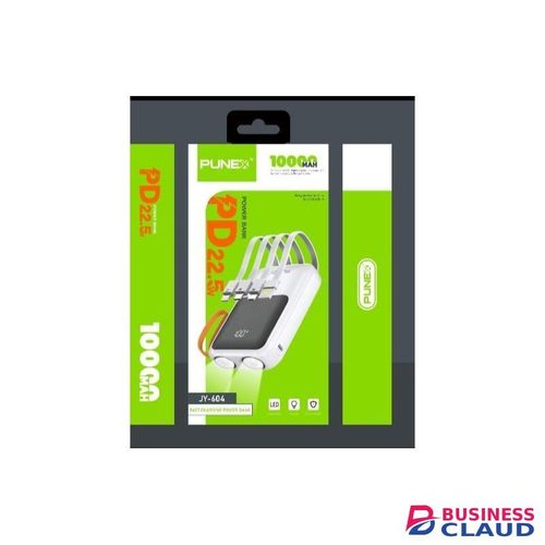 Punex JY-604 10000mAh Fast Charging Polymer Power Bank – 22.5W PD, Digital LED Display, 4 Built-in Cables & Dual LED FlashlightWhite