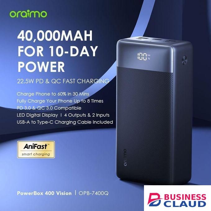 Oraimo PowerBox 400 Vision - OPB-7400Q 22.5W Portable Powerbank with 4 Output & 2 input Ports & LED Display-40,000mAh ,Fully charge phone up to 8 times.