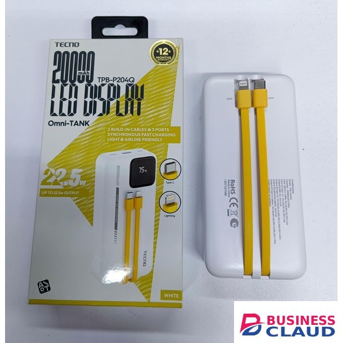 Tecno TPB-P204Q, 20000mAh LED Display, 22.5W Fast Charging Power Bank,2 BUILD-IN CABLES & 3 PORTS. Black / White