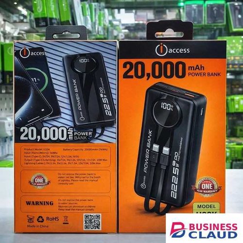 U20K 20000mAh 22.5W Fast Charging Power Bank – Built-In Type-C & Lightning Cables, LED Display, Portable Battery Pack