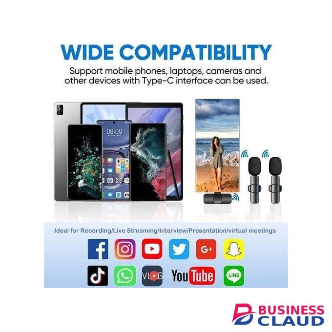 Wireless Lavalier Mini Microphone Duo with USB C & Lightning - Noise Cancelation Audio for Vlogging, Interviews & Online Content, 2 in 1 Mic Type C / iPhone IOS