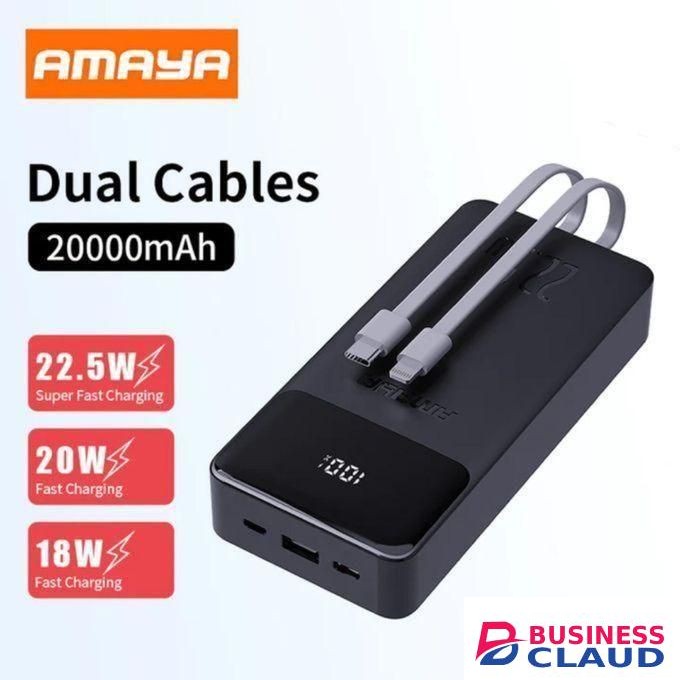 Amaya 20,000mAh Power Bank – Fast Charger with iPhone & Type-C Cables, 22.5W Quick Charging